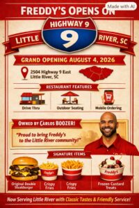Freddy’s Opens on Highway 9 – Little River, SC info graphic